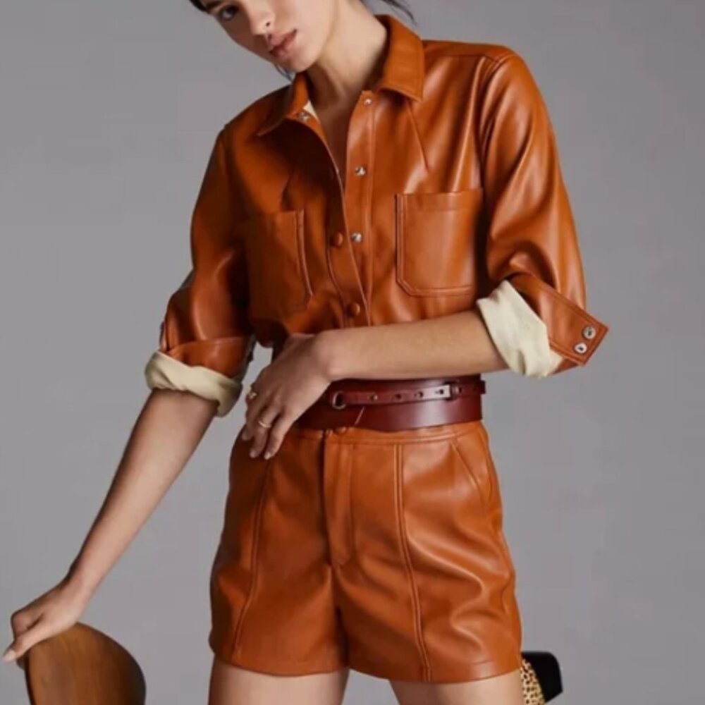 Anthropologie Vegan Leather Button Down Blouse & Shorts Set In Tan Fit Like US 4
